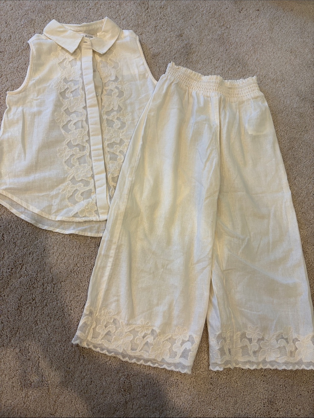 Girls ivory White Embroidered Wide-Leg Linen Blend Pants